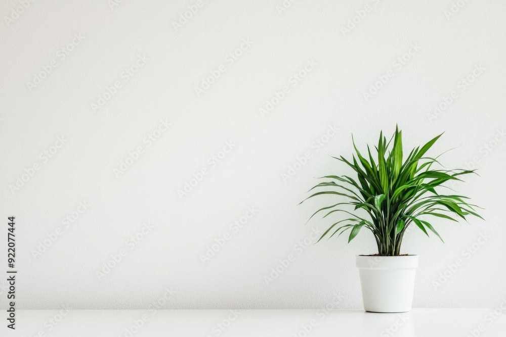 A minimalist workspace with a single, vibrant green plant against a white wall. A minimalist workspace with a single, vibrant green plant against a white wall.