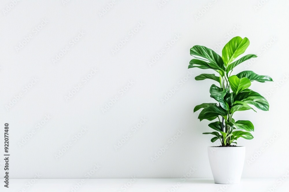 A minimalist workspace with a single, vibrant green plant against a white wall. A minimalist workspace with a single, vibrant green plant against a white wall.