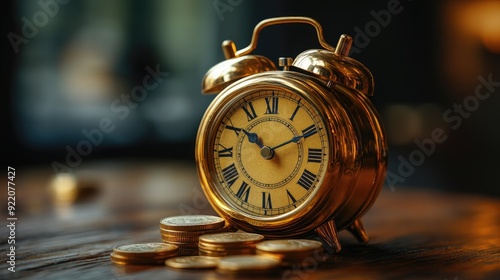 Golden Alarm Clock Balanced on Coins Representing Time Management