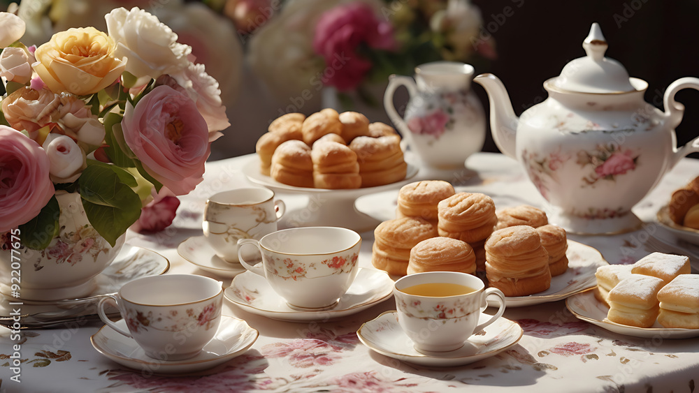 custom made wallpaper toronto digitalAfternoon tea set with pastries and sandwiches on a floral tablecloth