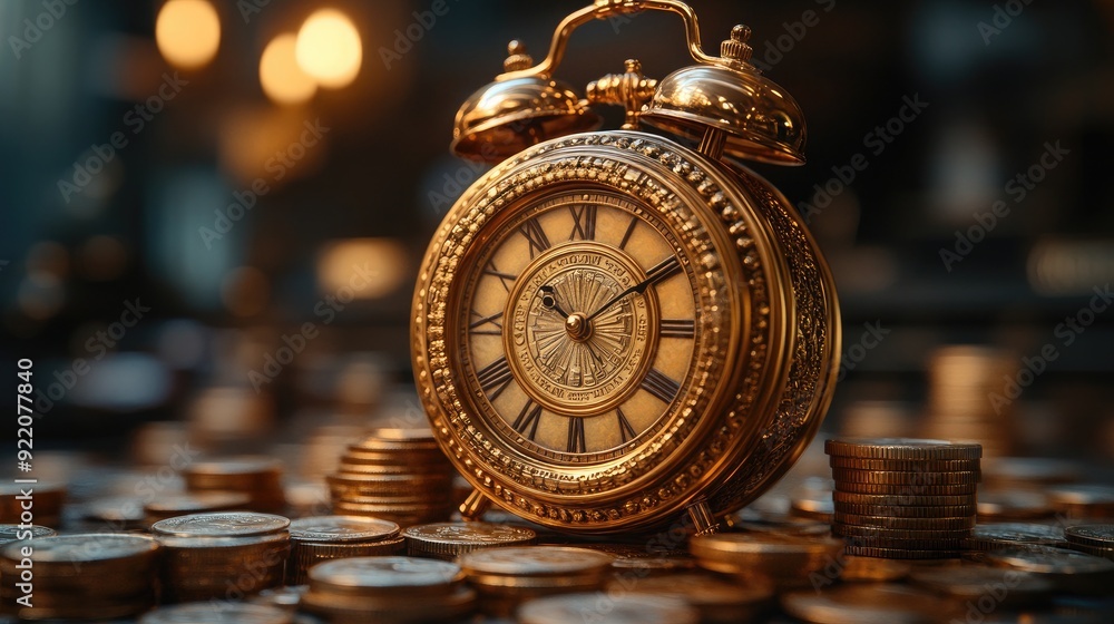 Golden Alarm Clock Balanced on Coins Representing Time Management Golden Alarm Clock Balanced on Coins Representing Time Management
