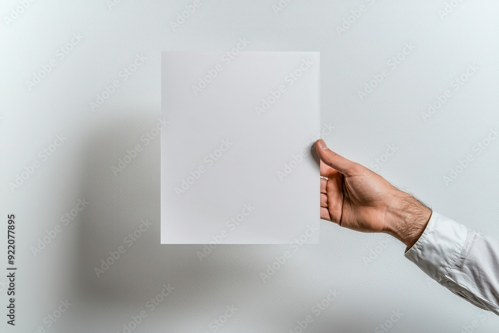 A man's hand firmly grasping a blank white poster mockup against a plain background, ideal for design presentations.