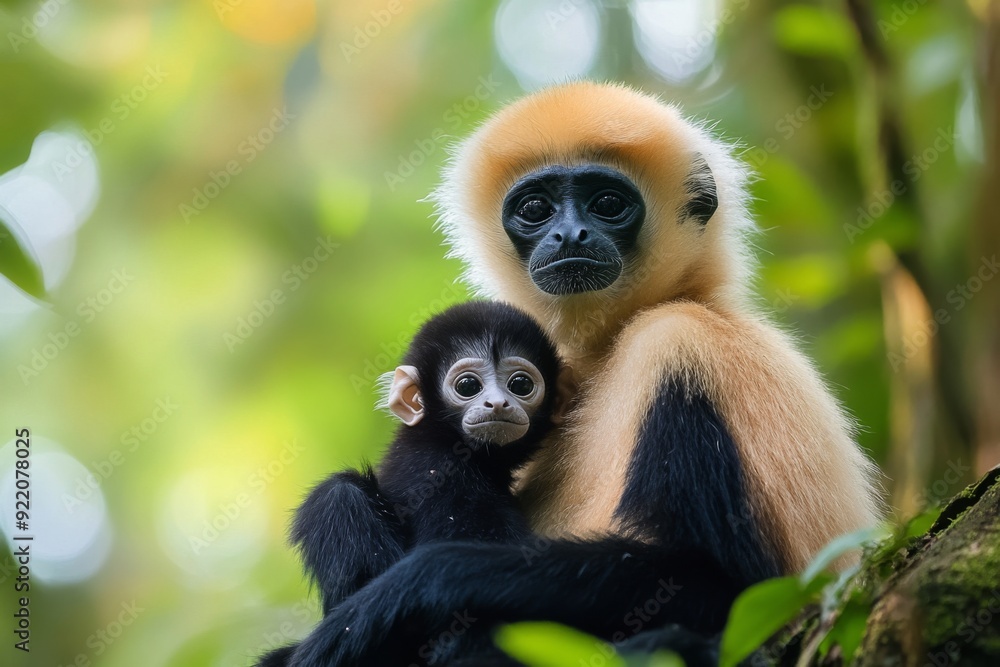 photo of a mother gibbon with her baby sitting on top of the tree trunk photo of a mother gibbon with her baby sitting on top of the tree trunk