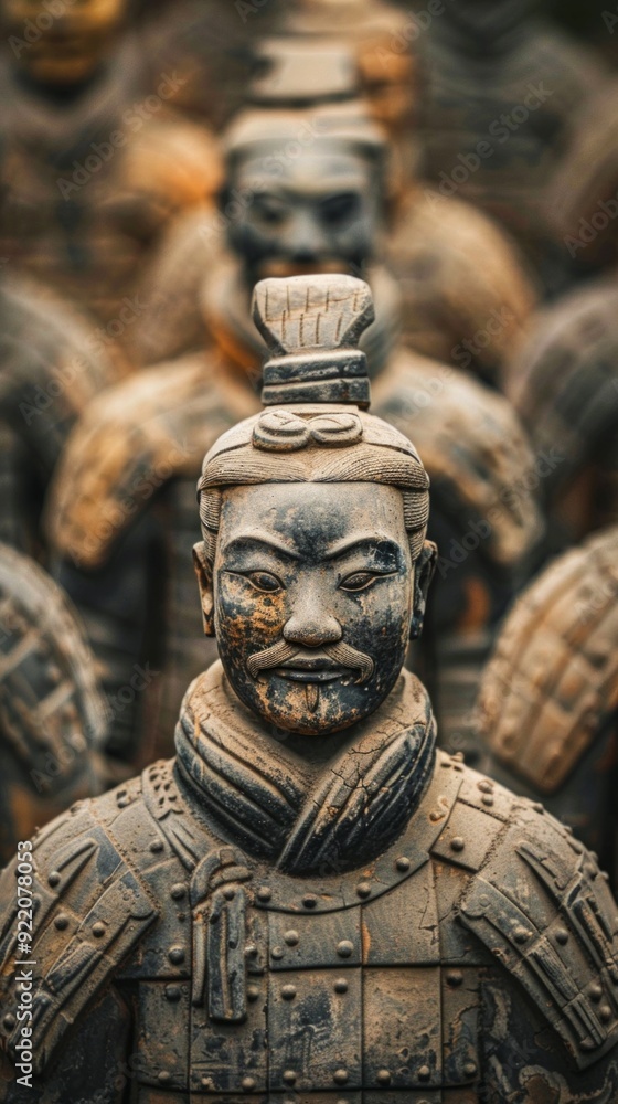 Fototapeta premium Digital artwork of the Terracotta Army statue depicted in detail, conveying a sense of order, discipline, and historical significance through unique soldier features and intricate designs.