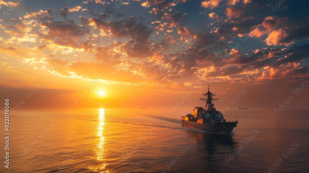 An aircraft carrier sails through a colorful sunset, creating a vivid scene of serenity and beauty on the calm ocean with clouds in the sky. An aircraft carrier sails through a colorful sunset, creating a vivid scene of serenity and beauty on the calm ocean with clouds in the sky.