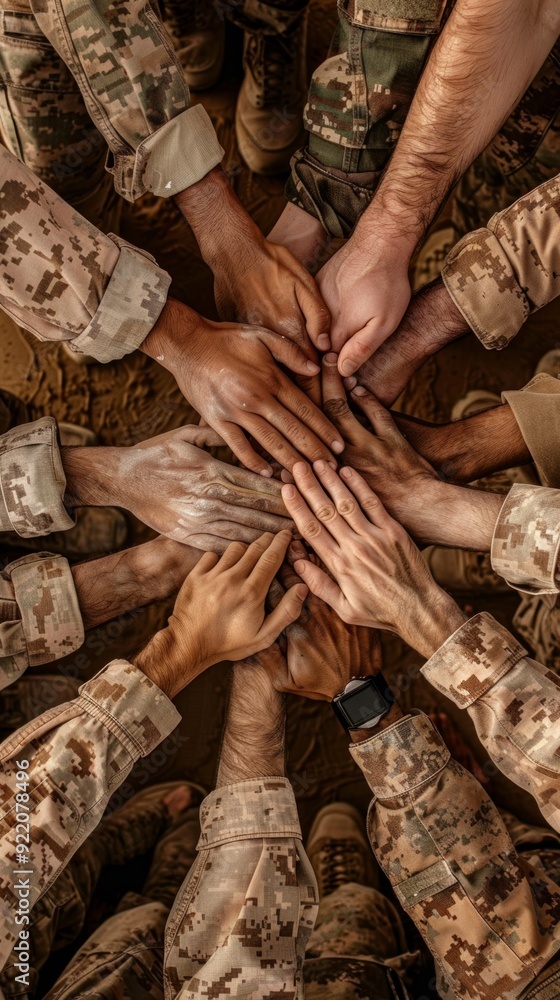 Military personnel in U.S. Army uniforms stack hands in a circle ...