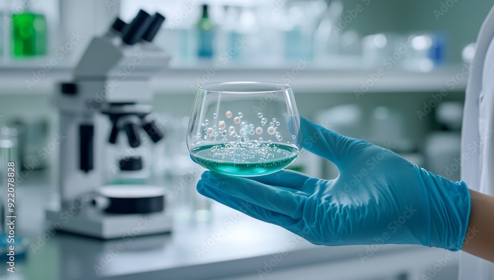 Close-Up of Petri Dish with Bacteria, One Hand Holding Bowl, Another in White Gloves, Laboratory Environment Close-Up of Petri Dish with Bacteria, One Hand Holding Bowl, Another in White Gloves, Laboratory Environment