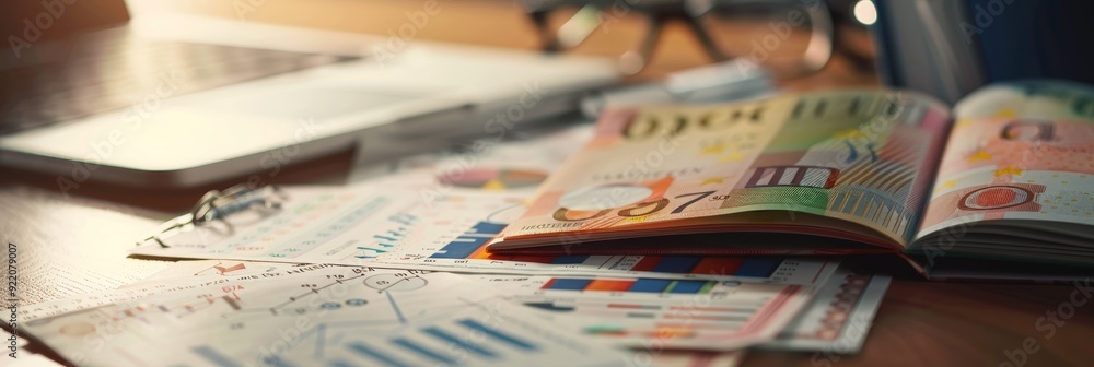 A stack of cash on a desk with financial charts and a laptop, representing concepts of wealth, financial planning, budgeting, investment, and success. A stack of cash on a desk with financial charts and a laptop, representing concepts of wealth, financial planning, budgeting, investment, and success.