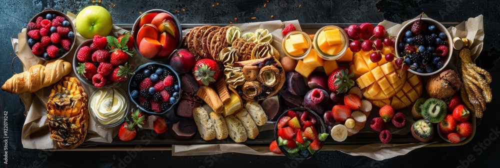 Fototapeta premium A stunning platter overflowing with fresh fruits, pastries, and other sweet treats. The platter features a variety of fruits, such as strawberries, raspberries, blueberries, peaches, mango
