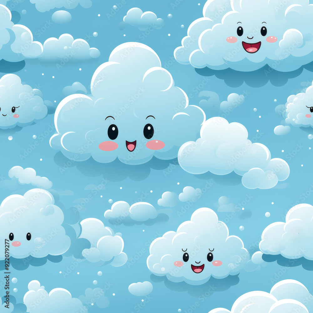 Fluffy clouds with big eyes, blue sky with funny faces, seamless, pattern, fabric, tile, background, carpet, wallpaper, clothing, sarong, packaging, batik, watercolor Fluffy clouds with big eyes, blue sky with funny faces, seamless, pattern, fabric, tile, background, carpet, wallpaper, clothing, sarong, packaging, batik, watercolor