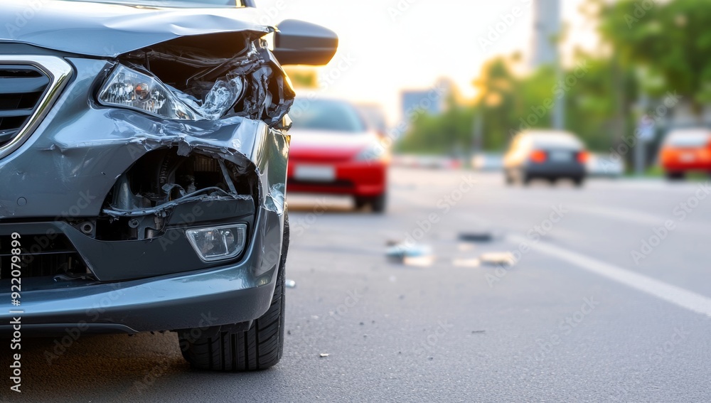 Fototapeta premium Close-Up of Accident Damage to Vehicle Front Ends, City Streets with Other Cars, Sun Rays Shining Through Clouds
