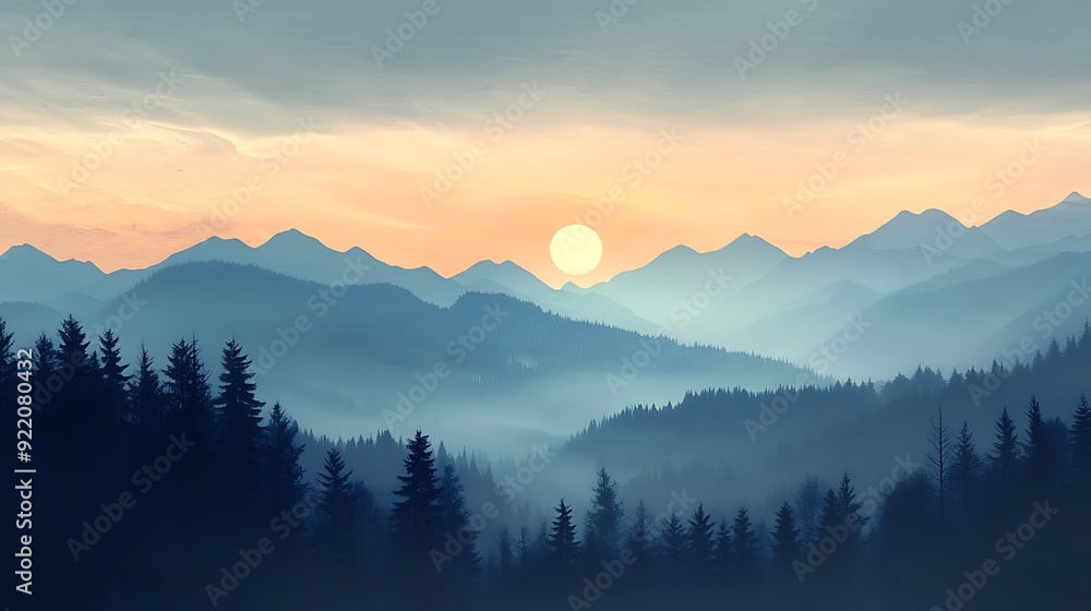 Serene forest landscape with misty mountains at sunrise Serene forest landscape with misty mountains at sunrise