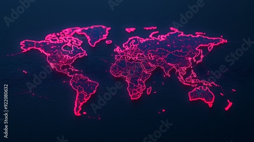 Digital world map with glowing red outlines on a dark background photo