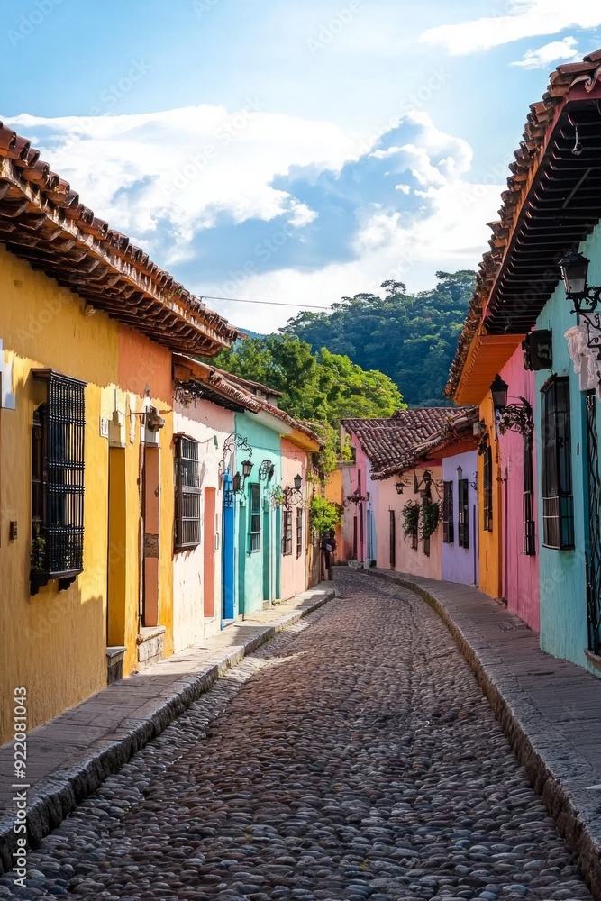 Fototapeta premium A street in a historic town, with the houses painted in a rainbow of pastel colors.
