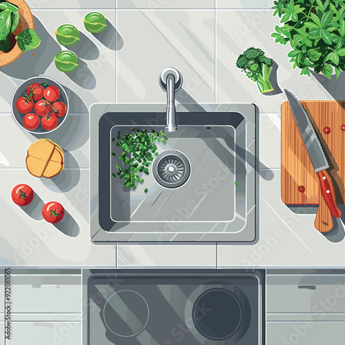 Modern kitchen counter with fresh vegetables and knife in sink area