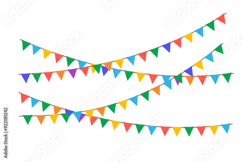 Carnival flags border for children. Hanging garlands. Vector illustration isolated on white background