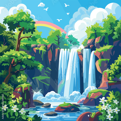 Vibrant waterfall landscape with rainbow and lush greenery