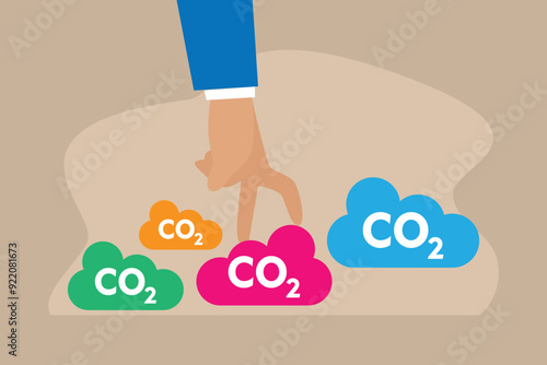 Responsibility of co2 emission environmental conservation. Human hand running over the clouds 2d flat vector illustrations