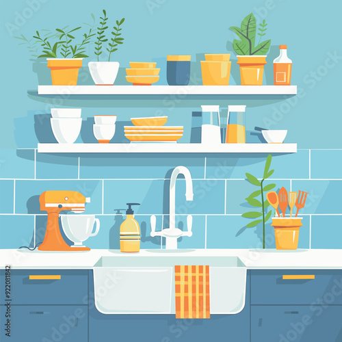 A bright and cheerful kitchen illustration featuring potted plants, shelves with dishes, and a sink, creating a cozy and organized space