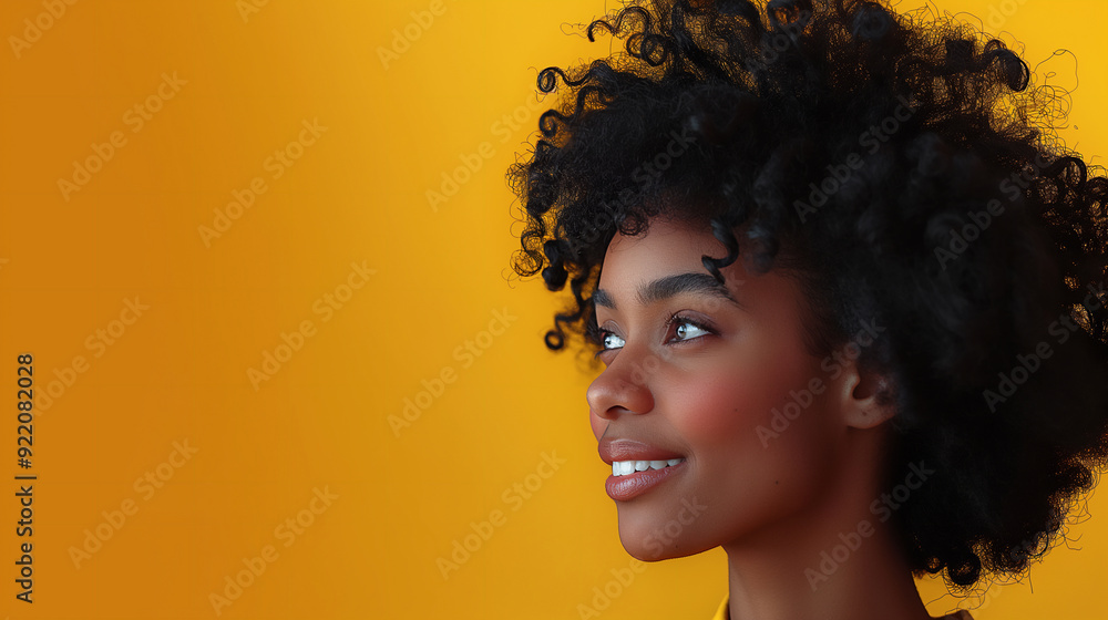 Close up of smiling Afro American girl with curly Hair on Yellow Background. Banner with Copy Space. Woman Beauty Concept. Close up of smiling Afro American girl with curly Hair on Yellow Background. Banner with Copy Space. Woman Beauty Concept.