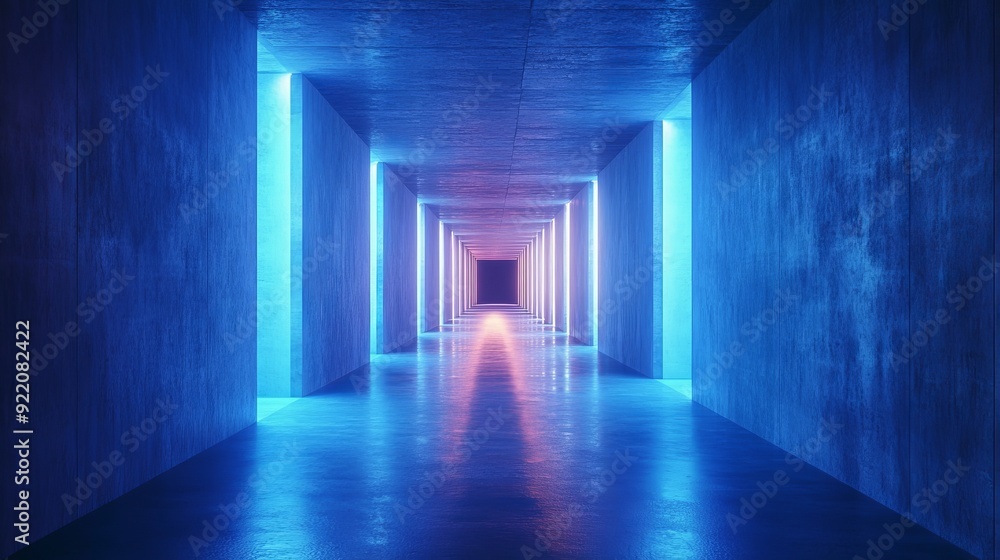 A long, narrow hallway with neon lights on the walls A long, narrow hallway with neon lights on the walls
