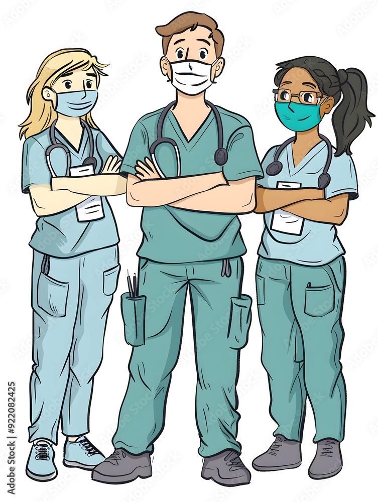 Cartoon illustration of medical team in scrubs and masks Cartoon illustration of medical team in scrubs and masks