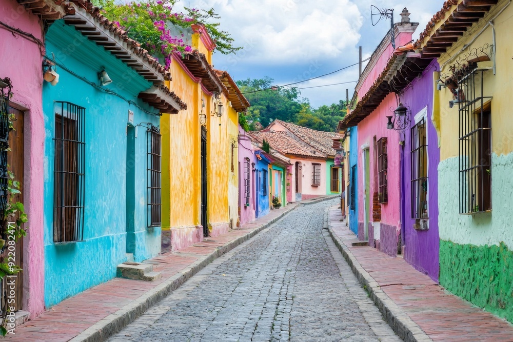 Fototapeta premium A street in a historic town, with the houses painted in a rainbow of pastel colors.