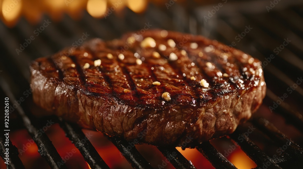 Sizzling Beef Steak on Grill with Juicy Texture and Char Marks, Protein-Packed Richness, and Smoky Background for BBQ Lovers Sizzling Beef Steak on Grill with Juicy Texture and Char Marks, Protein-Packed Richness, and Smoky Background for BBQ Lovers