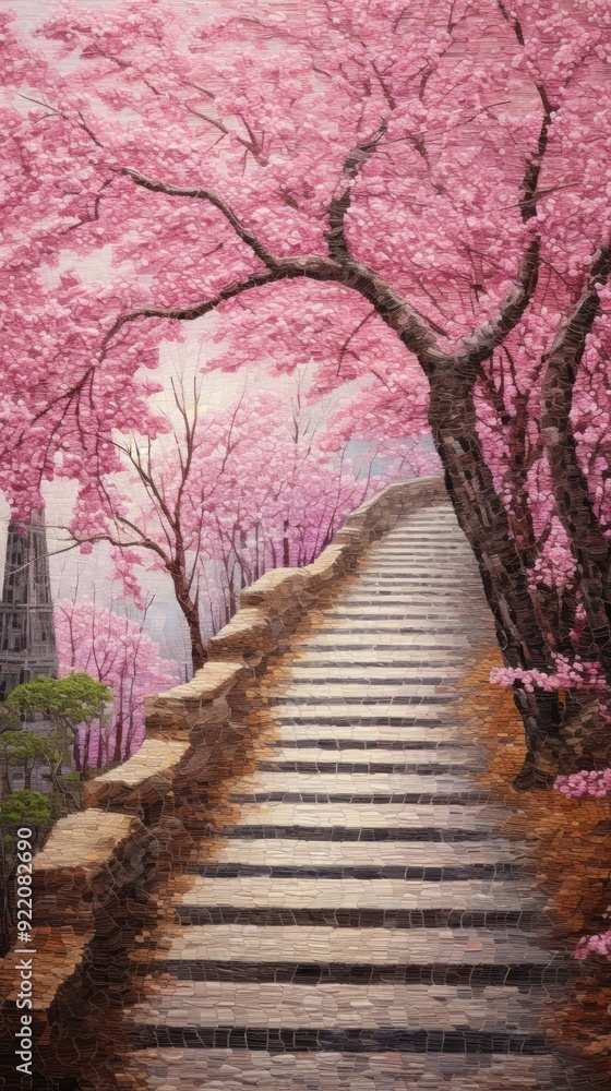 Illustration of a cherry blossom path to mountain outdoors walkway nature. Illustration of a cherry blossom path to mountain outdoors walkway nature.
