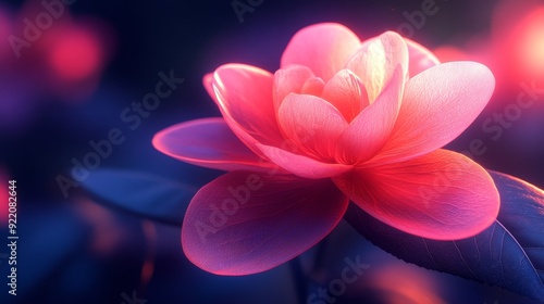 A close up of a pink flower with a blue background