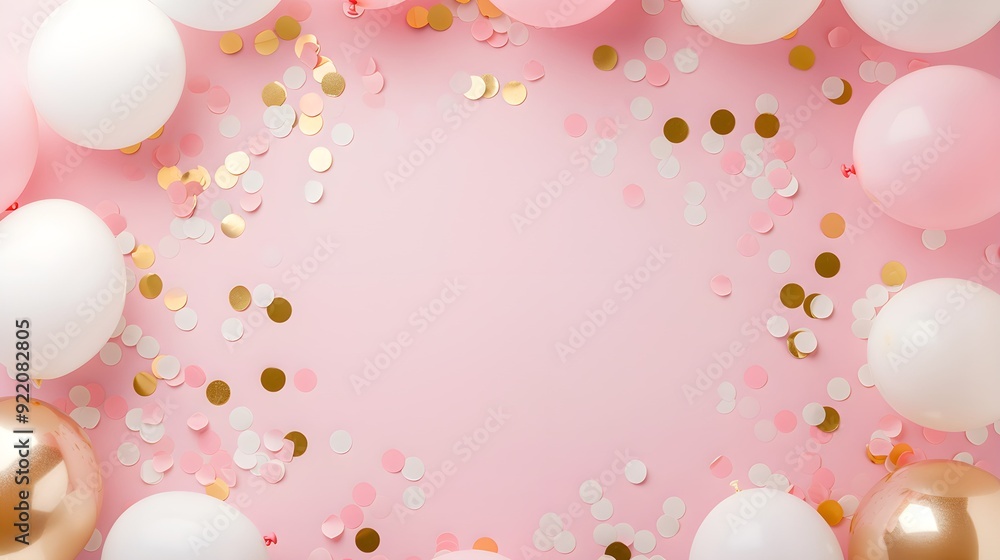 Circle frame with pink, white and gold balloons and confetti on a pink background Circle frame with pink, white and gold balloons and confetti on a pink background