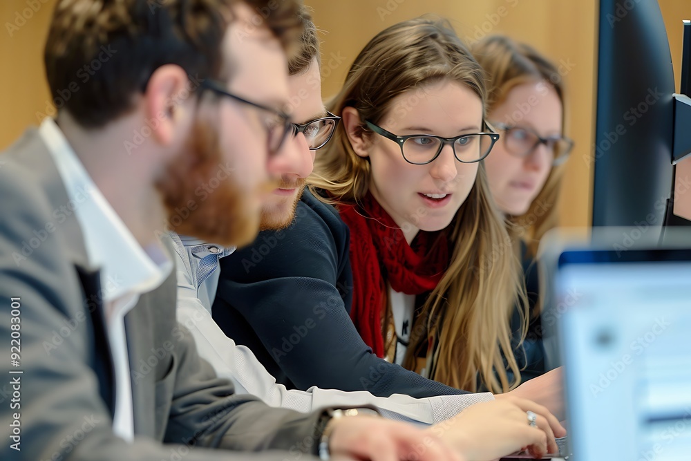Fototapeta premium Young Professionals Working on Laptop Computers in a Modern Office.