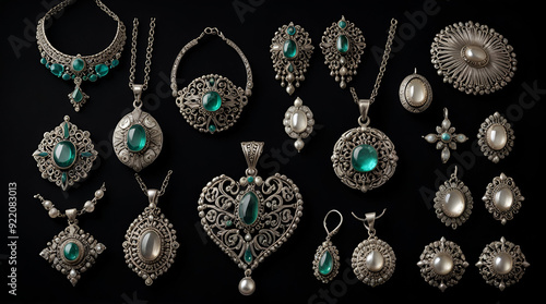 Collection of antique traditional silver jewelry on black paper, generative.ai
