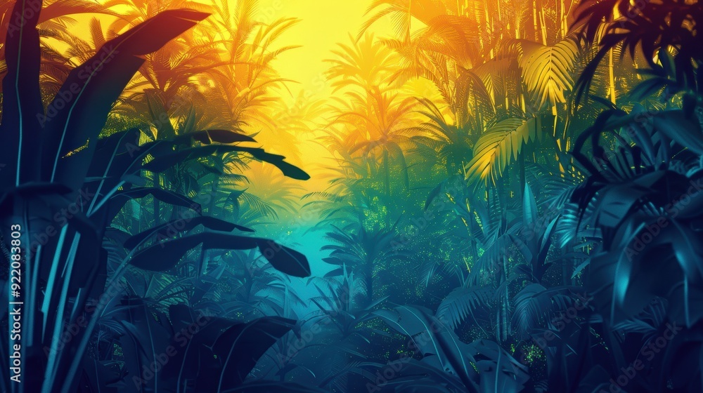 Vibrant gradient jungle landscape with lush tropical plants and dramatic lighting, blending warm and cool colors for an exotic ambiance. Vibrant gradient jungle landscape with lush tropical plants and dramatic lighting, blending warm and cool colors for an exotic ambiance.