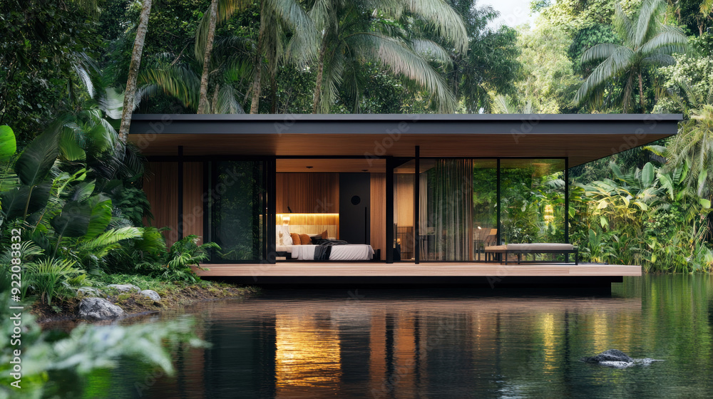 Secluded modern cabin with outdoor bench by lush jungle,nature living Secluded modern cabin with outdoor bench by lush jungle,nature living
