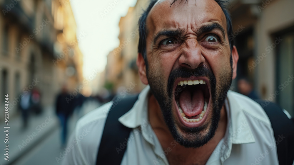 Portrait of a screaming man of Arab appearance. an angry and angry Arab man shouts on a busy street. Portrait of a screaming man of Arab appearance. an angry and angry Arab man shouts on a busy street.
