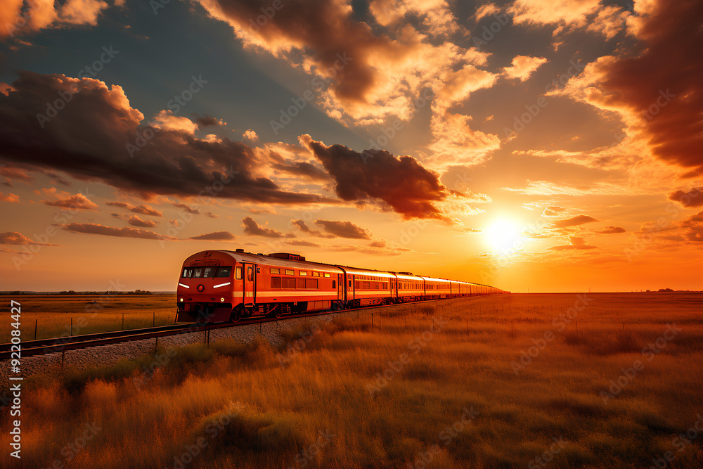scenery of a train passing by on a beautiful grassy lawn with the sun and orange clouds in the background scenery of a train passing by on a beautiful grassy lawn with the sun and orange clouds in the background