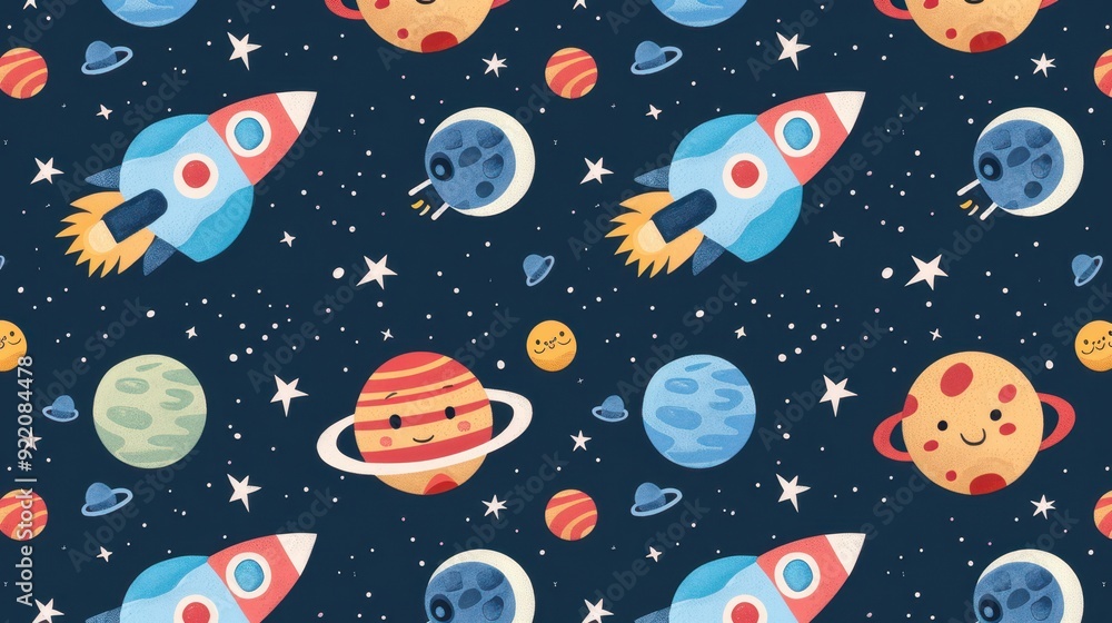 Naklejka premium A playful pattern showcases rockets, planets, and stars set against a deep space backdrop
