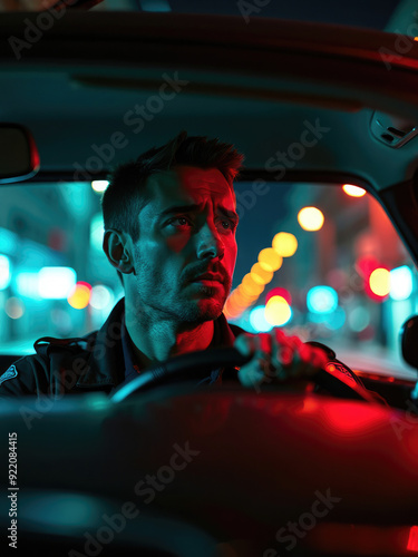 A person is driving a car at night in a city filled with colorful lights, which reflect off the windshield and dashboard, capturing the dynamic essence of city life and night-time travel. photo