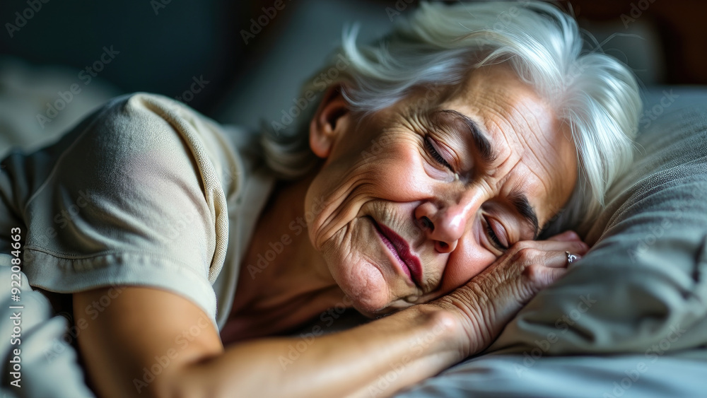 An elderly woman rests comfortably in bed, her serene expression reflecting a moment of tranquility and peace in a cozy bedroom setting. An elderly woman rests comfortably in bed, her serene expression reflecting a moment of tranquility and peace in a cozy bedroom setting.