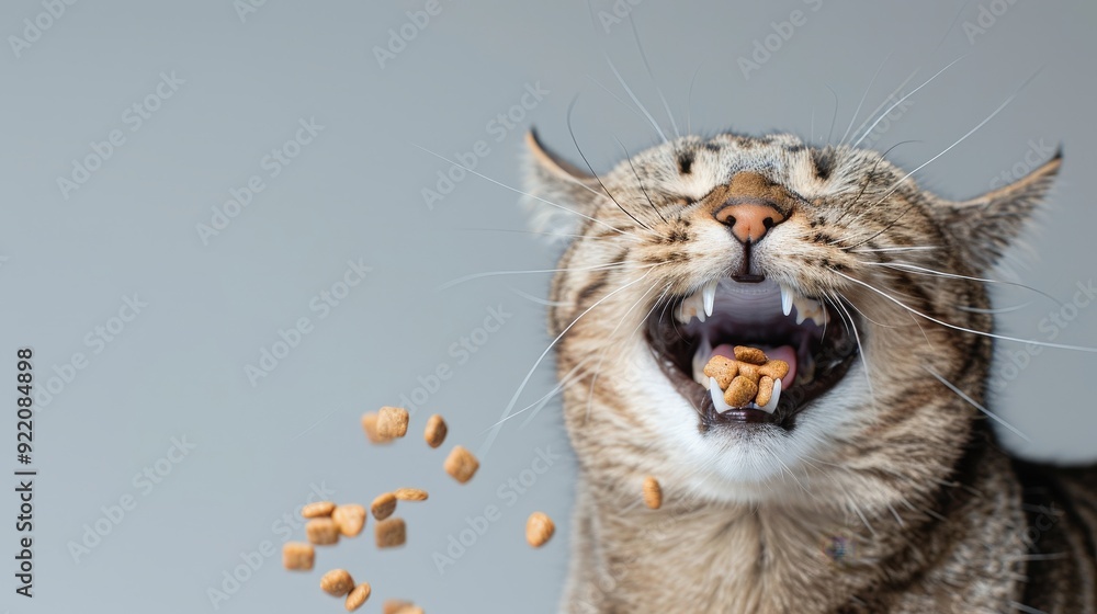 Obraz premium Content Domestic Cat Eating Kibble on Gray Background
