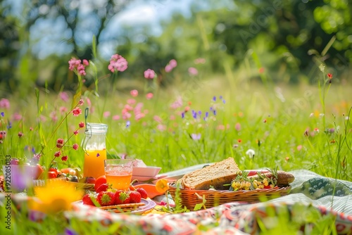 Fototapeta Naklejka Na Ścianę i Meble -  Colourful summer BBQ picnic outdoors in a meadow 