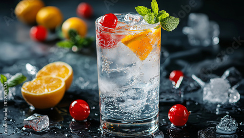 Tom Collins - drink, cocktail, beverage, citrus, orange, cherry, mint, ice, cold, refreshing, glass, lemon, garnish, alcohol, soda, tonic, mixed drink, summer, party photo