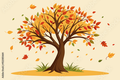 Autumn tree with leaves gently falling to the ground, vector