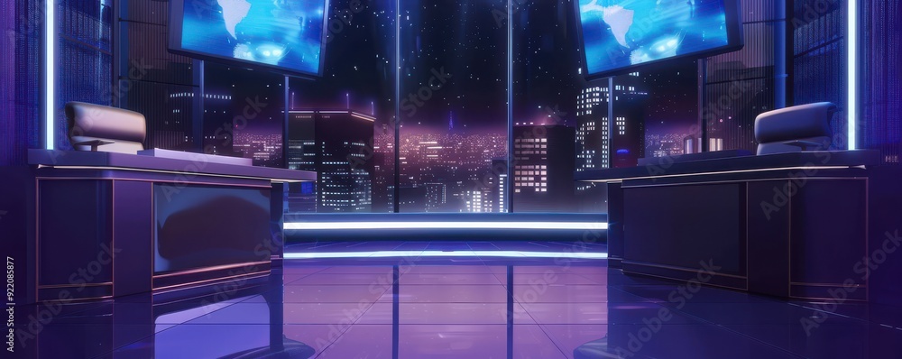 Obraz premium Modern TV studio set with city skyline and blue lighting, empty desks.