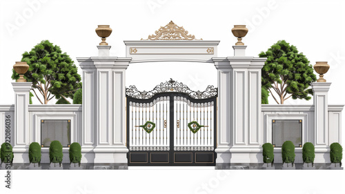 3D Illustration of Modern Mansion Main Gate Design conecpt on white background photo