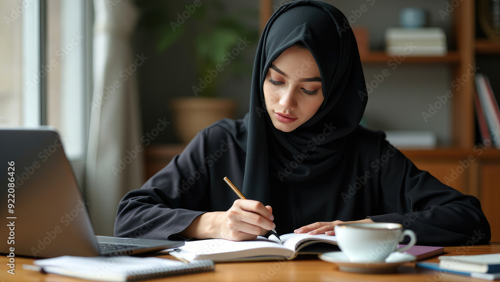 A young woman wearing a black hijab focuses on writing in her notebook while sitting at a desk featuring a laptop and a cup of coffee, immersed in her work in a cozy, well-lit environment. A young woman wearing a black hijab focuses on writing in her notebook while sitting at a desk featuring a laptop and a cup of coffee, immersed in her work in a cozy, well-lit environment.