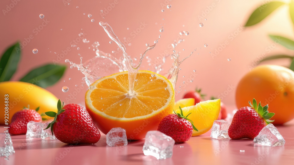 Slices of oranges and lemons are splashing while surrounded by strawberries and ice cubes on a soft pink backdrop, creating a vibrant and refreshing composition. Slices of oranges and lemons are splashing while surrounded by strawberries and ice cubes on a soft pink backdrop, creating a vibrant and refreshing composition.