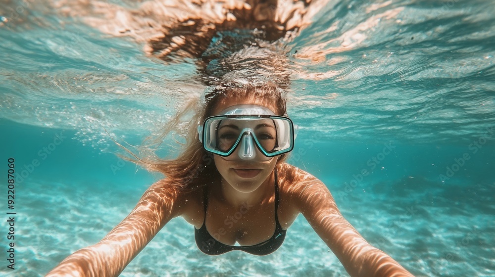 Naklejka premium Masked woman snorkeling in clear water