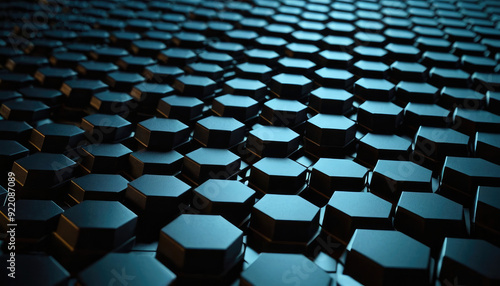 An abstract image featuring dark hexagonal shapes in close-up with blue lighting highlighting the textured surface, creating a modern and futuristic visual effect.